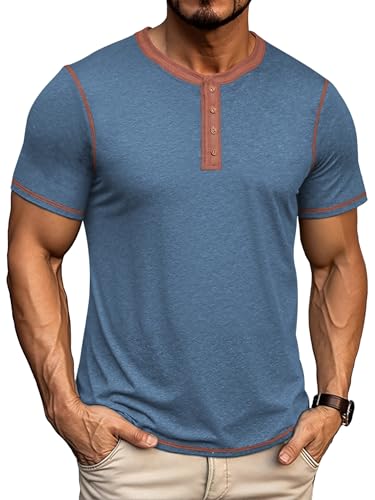 Aimeilgot Henley Shirts for Men Short Sleeve Cotton T-Shirts Casual Washed Classic Lightweight Soft Summer Teess Vg Blue, Large
