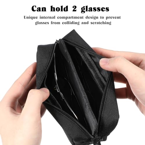 Image of Double Glasses Case, Black Soft Eyeglass Case with Carabiner Hook Travel Sunglasses Organizer Portable Glasses Pouch with Zipper for Women Men(Not Suitable for Oversized Glasses)