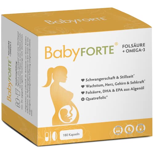 BABYFORTE® Kwas foliowy + wegański omega-3, bez oleju rybnego, 18 witamin dla kobiet w ciąży + Quatrefolic®, 180 kapsułek, trymestr - pudełko