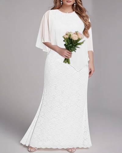 Image of Women's Plus Size Cape Dress with Chiffon Overlay Gown Formal Evening Lace Long Mermaid Dresses 2024