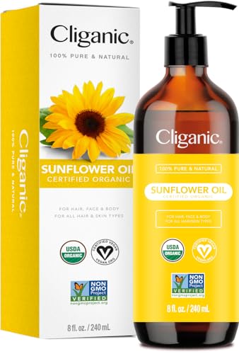 Cliganic Organic Sunflower Oil 100% Pure (8oz) - For Skin Hair & Face | Natural Cold Pressed Unrefined