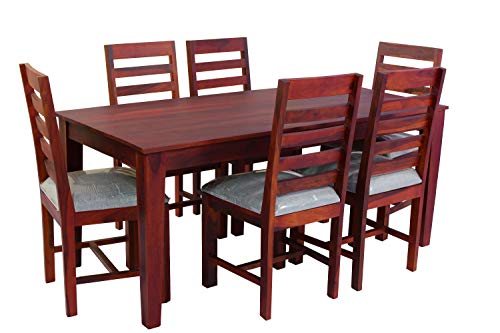 Image of Sheesham Wood 6 Seater Dining Table with Cushion Chairs Wooden Dining Room Set Six Seater Dinner Table for Living Room Home and Restaurant (Maple Finish)