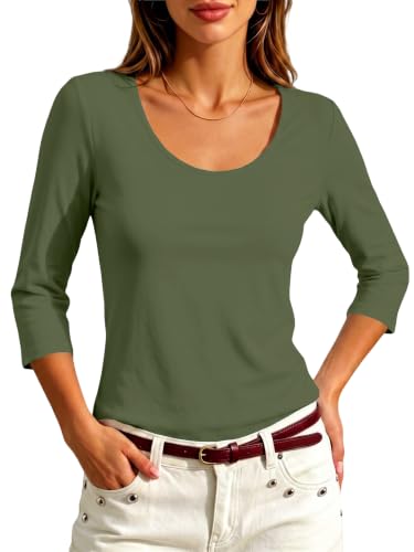 Image of Meetrendi Women 3 /4 Sleeve Scoop Neck Top Cotton Slim Fit Basic T-Shirt