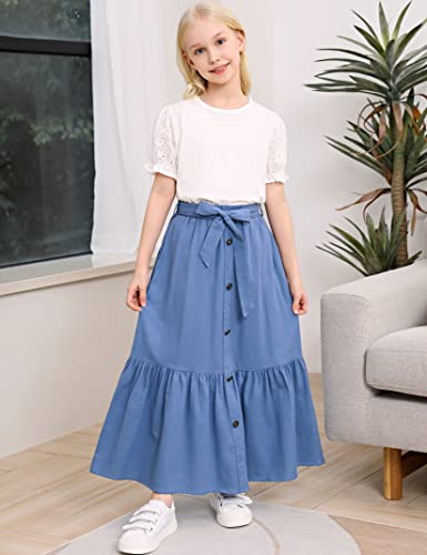 Image of Maxi Skorts Skirt for Girls Button Front High Waisted Long Skirt with Belt Ruffled Skirts with Pocket 3-12Years