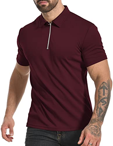 Image of MLANM Men's Short Sleeve Polo Shirts 1/4 Zip Quick Dry Golf Polo Shirt Summer Outdoor Lightweight Short Sleeved Shirts, Wine Red 2XL