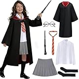 Dhqkqg Zauberer Kostüm Kinder, 8 PCS Zauberer Cosplay Kostüm, Zauberer Umhang Kostüm Set mit Zauberstäbe, Krawatte, Verschiedenes Zubehör, Cosplay Set für Kinder Karneval Fasching Party (145-155CM)
