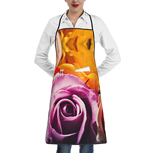 ODMP Grembiule da cucina con fiori rosa, alla moda, lavabile in lavatrice, con tasche, adatto per cucinare, cuocere al forno e giardinaggio, Rosa Tea Ibrida, Taglia unica