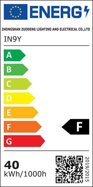 Energy efficiency label for OOWOLF LED Pendant Light, showing F rating and 40 kWh/1000h
