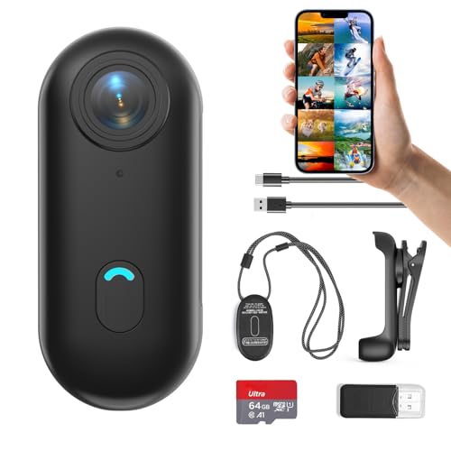 H7 64GB 1080P Thumb Action Camera, Mini Body Cameras, Wearable Pocket Vlogging Camera with Magnetic Lanyard, Small Portable Body Cam Helmet Cam for Work, Cycling, Travel, Pet Walking