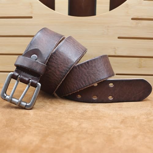 Men's Double Prong Distressed Vintage Leather Belt Casual Work Heavy Duty Double Grommet Holes Waist Strap for Jeans3