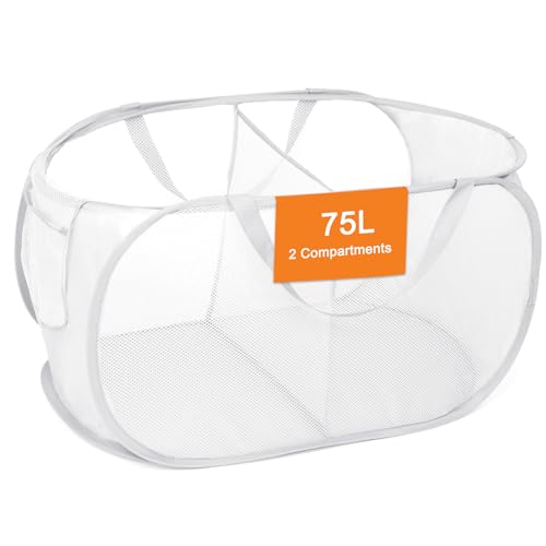 Image of Durable Collapsible Foldable Mesh Pop Up Laundry Basket, 2 Compartments Easy to Carry & Sort Clothes Hampers for Home, Dorm, Travel White