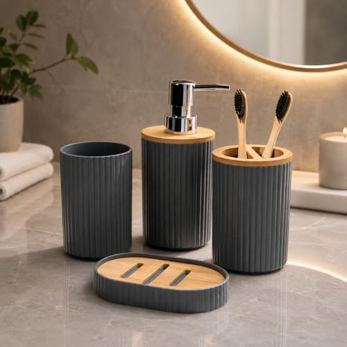 Image of MARKET 99 Bathroom Accessories Set of 4, Grey Plastic Bathroom Countertop Organizer with 350 ml Soap Dispenser, Toothbrush Holder, Tumbler & Soap Dish, Modern Vanity Bathroom Decor Set