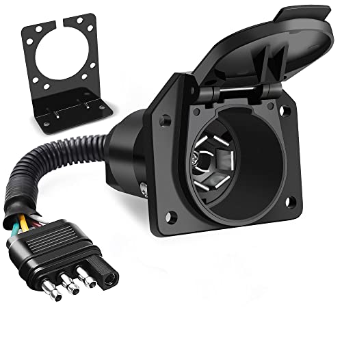4-Way Flat To 7-Way Round RV Trailer Light Adapter Plug With Bracket - 12V