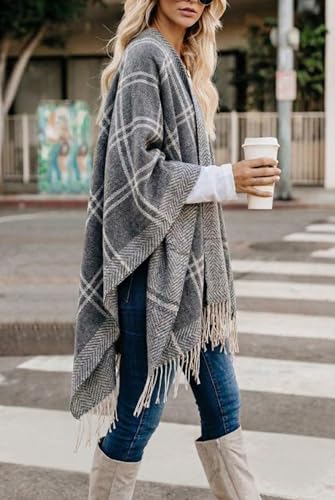 Image of Bestshe Women's Boho Open Front Poncho Plaid Shawl Wrap Cape | Tassel Cardigan Sweater, Cozy Layering, Fall Winter Clothes for Women