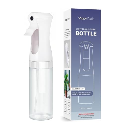 VIGOR PATH Continuous Mist Spray Bottle – Fine Mist Sprayer for Hair, Plants, Cleaning & Beauty – Refillable & Reusable Water Spray Bottle (Clear, 10oz)