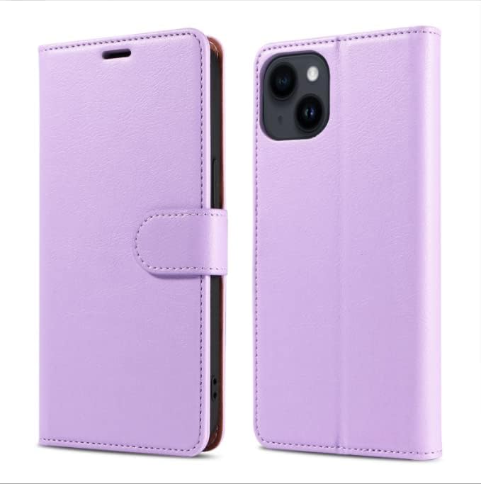 Suitable for iPhone 14 Phone Leather Case Mobile Holster Cover Flip Basic Set Protective Protector Phone Cases and Protectors Covers Case Magnetic Closure Holster Anti-Scratch Function (Purple)
