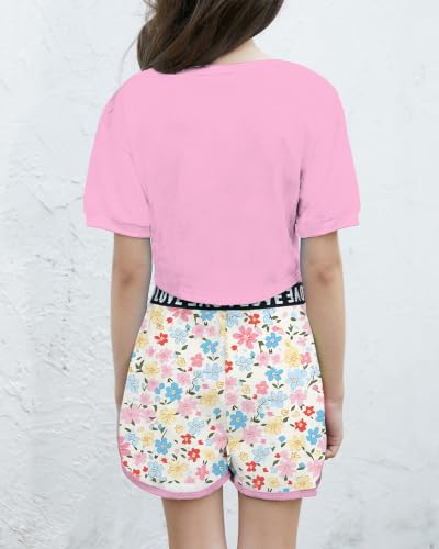 Image of Betusline Girls Summer 2 Piece Outfits,Kids Short Sleeve Crop Top & Shorts Set with Side Pockets