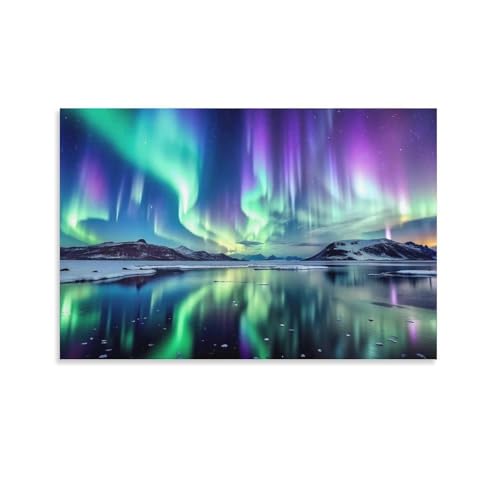 Blue Aurora Northern Lights Landscape Canvas Wall Art - Framed
