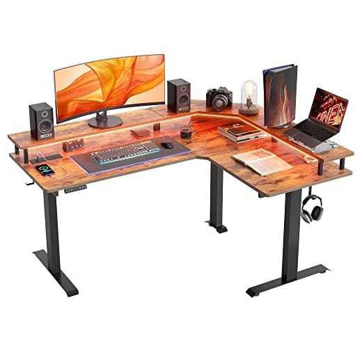 FEZIBO 63" Triple Motor L Shaped Standing Desk with LED Strip & Power Outlets, Height Adjustable Stand up Corner Gaming Desk with Ergonomic Monitor Stand, Rustic Brown Top/Black Frame