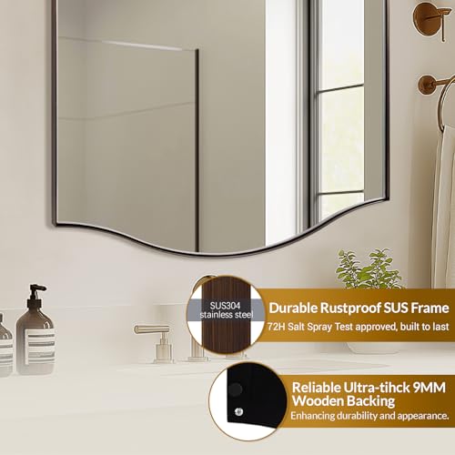 Image of ANDY STAR 24 inchx36 inch Bronze Bathroom Mirror, Rectangle Scalloped Wall Mirror in Stainless Steel Metal Frame, Modern Brushed Bronze Finish with Curved Edge Design, Wall-Mount Vertically or Horizontally