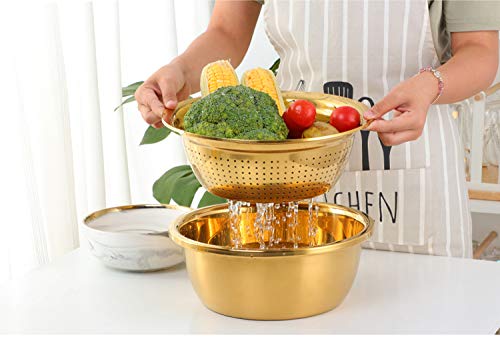 Qobimoon QIBO-1284C-FBM 3Pc/Set Colander Set Stainless Steel Vegetable Slicer Fruit Potato Peeler Carrot Grater Strainer Utensil Round Rice Washer Bowl Drain Basket-Gold thumb #8