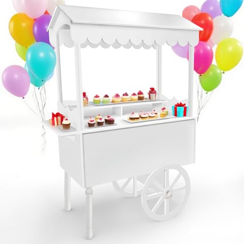Drexo Candy Cart Display Stand for Party, Dessert Cake Cart Stand with Wheels, Vintage Dessert Display Stand Decoration Cart with 100 Balloons, String Light for Parties, Birthdays & Weddings (WHITE)