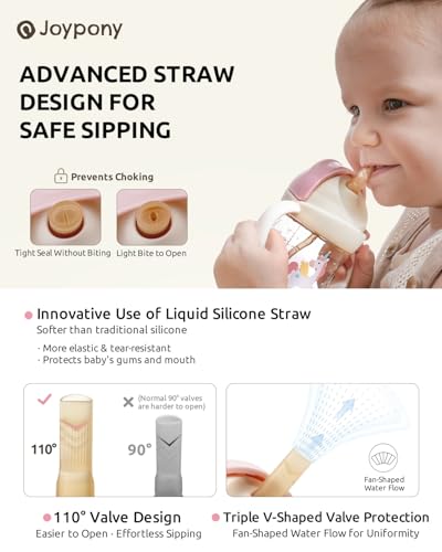 Joypony Sippy Cups for Toddlers 1-3, Spill Proof Weighted Straw Cup with Handle for Baby 6 Months + old, 2 Silicone Straws, PPSU, BPA Free, 9 oz (Pink)