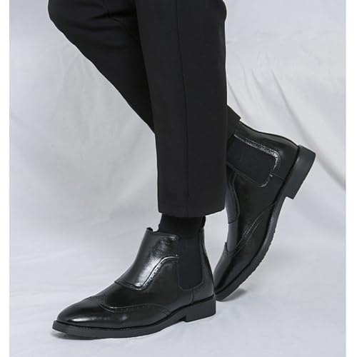 Men'S Leather Wing Tip Low Heel Chelsea Boots Classic Round Toe Brogue Slip-On Dress Oxford Boots For Driving Business Office Formal Ankle Boots3