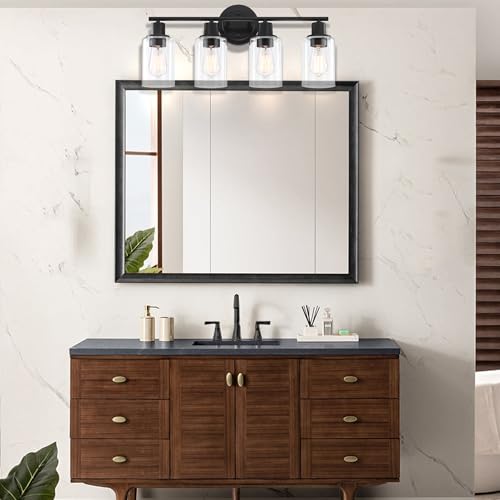 Image of 4-Light Bathroom Light Fixture Over Mirror Black 4-Light Vanity Light Fixture for Bathroom Vanity Black Wall Sconce Over Sink
