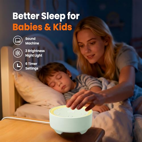 Image of Kipcush White Noise Machine for Sleeping, Baby & Adults, High-Fidelity Non-Looping Sounds, Sleep Sound Machine with Dimmable Night Light, USB Powered, Memory Function, Home, Nursery & Travel
