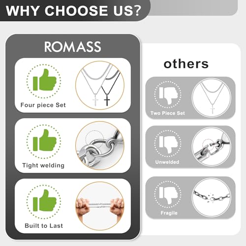 Romass 4Pcs Cross Necklace for Men,Stainless Steel Chains for Men Layered Necklaces Silver Gold Black Pendant Jewelry Box Gifts 18-24 Inches4