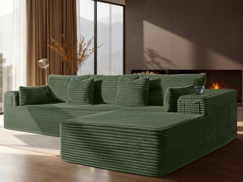 Image of 108 inch Cloud Sectional Couch, Comfort L Shaped Boneless Couch for Living Room, Extra Deep Seats No Assembly, Minimalist Modular Sofa, Corduroy (Olive Green, 2 Seater+Right Facing Chaise)