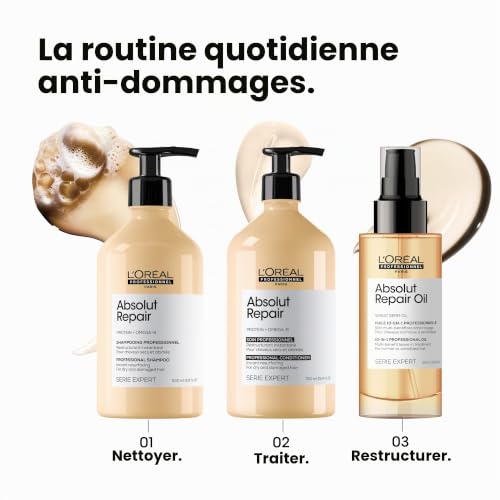 L'OREAL PROFESSIONNEL - Huile Cheveux 10-en-1 Absolut Repair - Cheveux Secs & Abîmés, Raides à Bouclés - Thermoprotecteur Sans Rinçage & Démêlant - Nourrit, Protège & Adoucit - Toucher Léger - 90 ml
