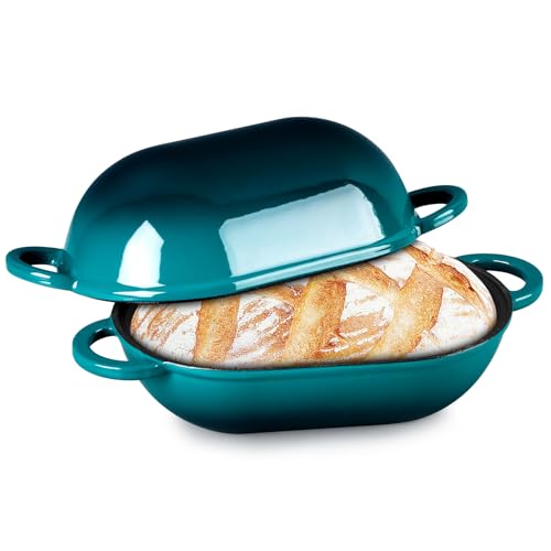 TeamFar Enameled Cast Iron Bread Loaf Pan, 2 QT Oval Dutch Oven with Lid
