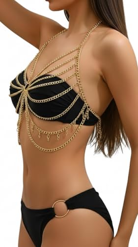 Image of Xivir Golden Body Intimate Chain for Women | Honeymoon Lingerie Set Layered Crossover Bikini Bra Body Jewelry - Adjustable Summer Beach Crystal Waist Chain