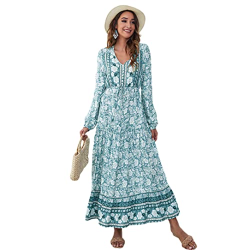 Robe longue d'été col en V fluide et son imprimé floral bohème unique en L