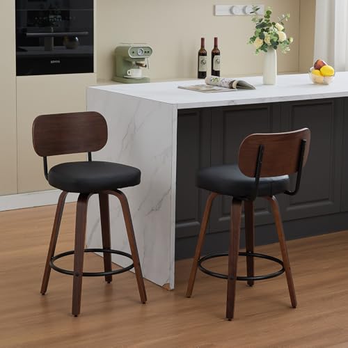Image of Shenyon Counter Stools Set of 2, 26 inch Swivel Counter Height Bar Stools with Walnut Back,Upholstered PU Leather, Bentwood Legs, Mid Century Modern Bar Chairs for Kitchen Island, Black