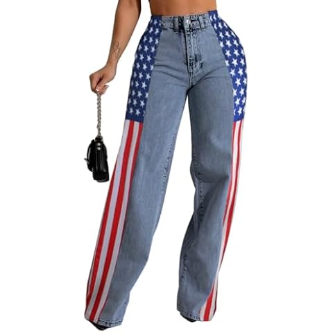 BOKITECAO Women’s Jeans with Patchwork High Waist Loose Denim Color Block Jean Straight Wide Leg Pants Cover