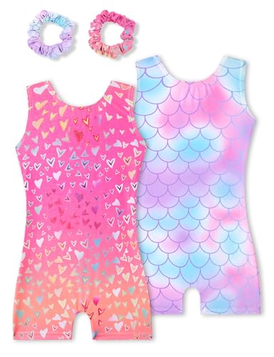Tstiti Gymnastics Leotards for Girls 2 Pack Sparkly Kids Biketards Dance Unitards Matching Hair Scrunchies