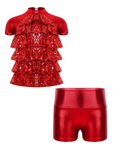 Traje de baile para niñas de dos piezas metálico con lentejuelas para competiciones de ballet