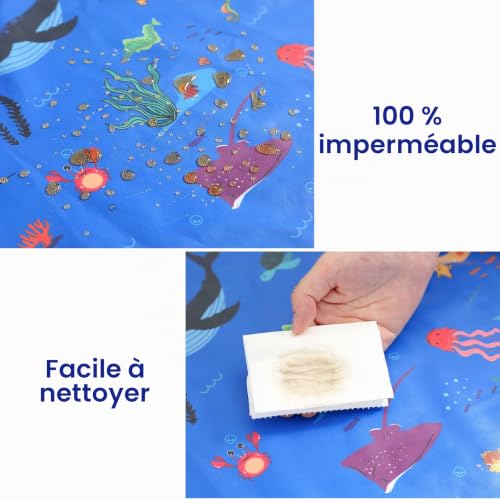 PewinGo Bavoir Bebe & de Sevrage Avec Manches, Se Fixe à Votre Chaise Haute, Imperméable, Confortable et Doux pour BLW Mess - 6 à 30 Mois - Bleu – vue 5