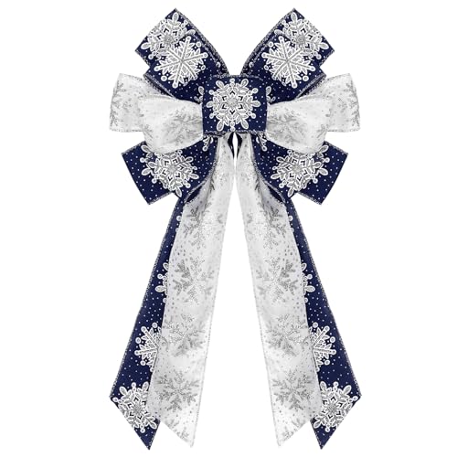 Large Christmas Bows, Tree Topper Bow for Christmas Tree Winter, Snowflake Ribbon Bows for Wreath Front Door Wall Fence Decor (Blue+White)