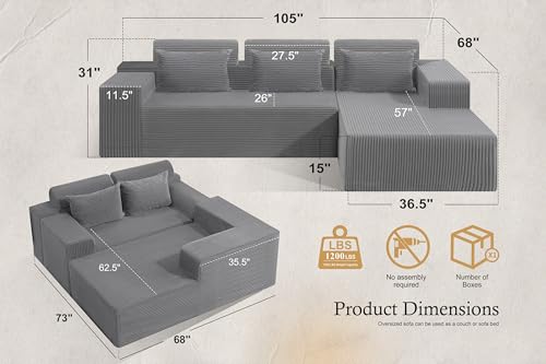 Image of HABUTWAY Sectional Couches for Living Room,No Assembly L Shaped Couch 105 inch Modular Sectional Sofa Couch with Deep Seat,Cloud Couches Furniture Sets for Apartment,Corduroy (Light Grey, Right Facing)