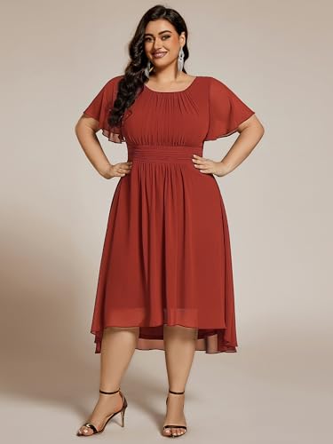 Image of Ever-Pretty Women's Plus Size Formal Wedding Guest Dresses for Curvy Women A Line Chiffon Midi High Low Cocktail Dress