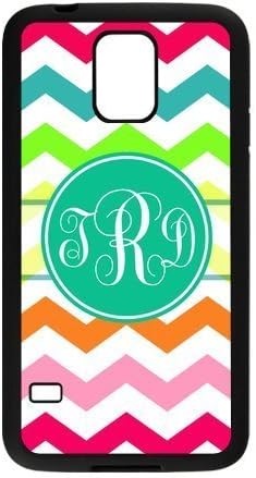 Monogrammed Rainbow Chevron Pattern Vs Mint Circle For Samsung Galaxy S5 Best Rubber+Plastic Black Cover Case