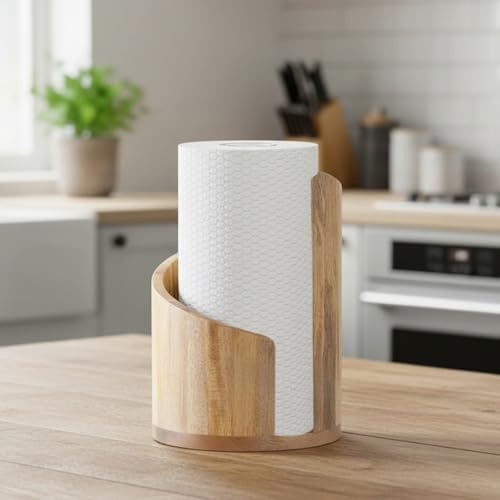 Portarrollos de papel para encimera, organizador de cocina y baño con base de madera redonda 7