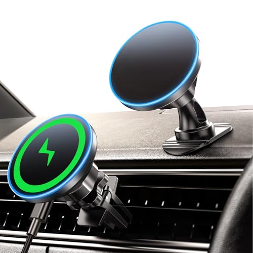 BHHB 15 W Magsafe biltelefonhållare, 2 i 1 trådlös induktionsladdare bil, Magsafe tillbehör laddare bil, vind/dashboard snabbladdare hållare för iPhone 15 14 13 12 Pro Max Plus