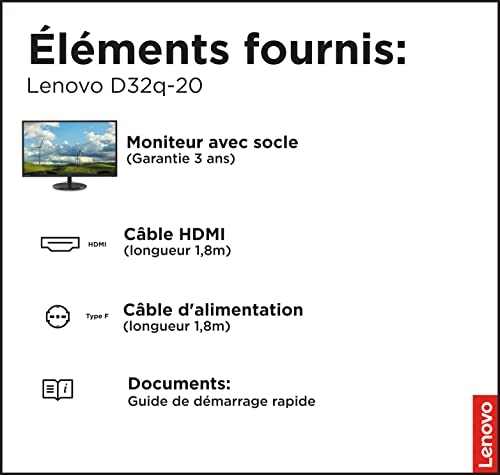 Lenovo Moniteur D32q-20, 31.5'' IPS QHD (2560 x 1440), 4ms, WLED, 250 nits, 1000:1, HDMI 1.4 + DP1.2 Noir