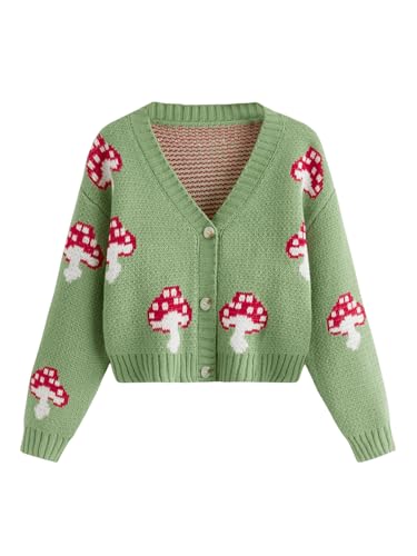 Verdusa Girl's Graphic Sweater Long Sleeve V Neck Casual Button Down Cardigan