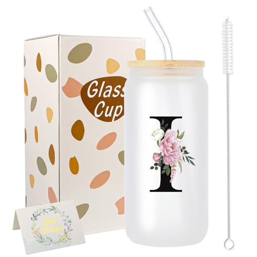Personalized Gifts for Women,16 oz Custom Mug, Monogrammed Initial Glass Cups with Lids and Straws, Cute Glass Coffee Tumbler, Personalized Gifts for Christmas, Birthday (I)